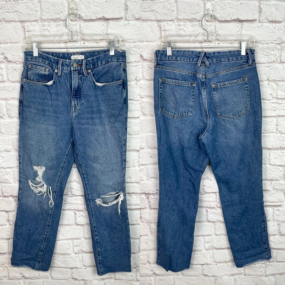 Good American Good Vintage High Rise Straight Leg Fray Hem Denim Jeans Size 8/29